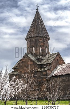 Church Of St. Marine In The Garden Among The Flowering Apricot Trees In The City Of Ashtarak