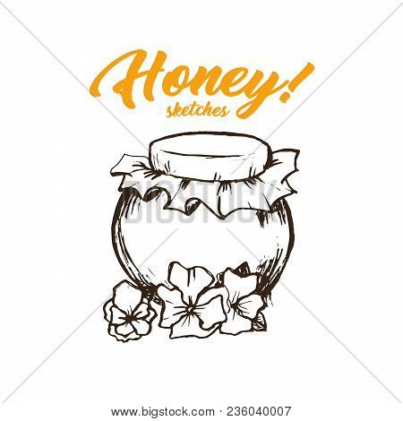 Honey Sketches Glass Bottle, Honey Hand Drawn Superfood Organic Products Design, Vector Illustration