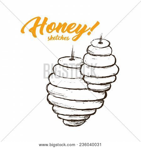 Honey Sketches Apiary, Honey Hand Drawn Superfood Organic Products Design, Vector Illustration. Blac