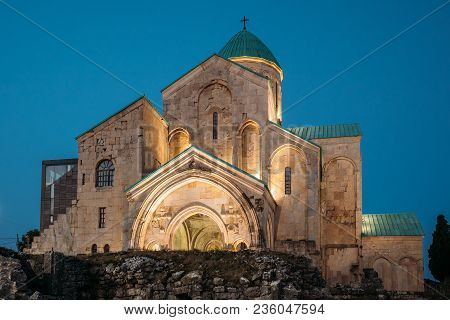 Kutaisi, Georgia. Old Bagrati Cathedral In Night Illuminations. Unesco World Heritage Site. Famous L
