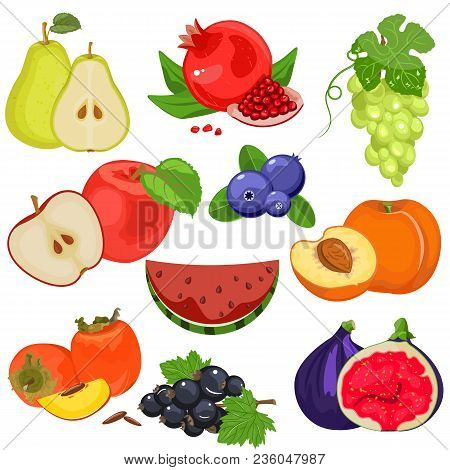 Fruits And Berries In Cartoon Style. Great Set For Your Design. Isolated White Background.