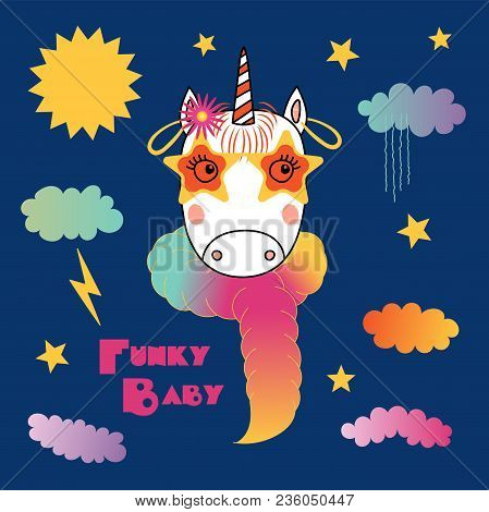 Hand Drawn Vector Portrait Of A Cute Funny Cartoon Unicorn In Feather Boa, Big Earrings, Funky Glass