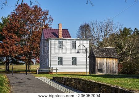 Smithville, New Jersey - November 16 - A Scenic Autumn View Of The Historic Industrial Town Homes On