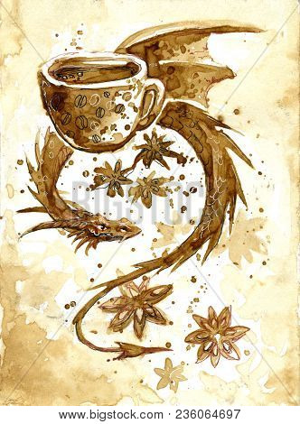 Dragon With A Cup Of Coffee. Drawn By Coffee