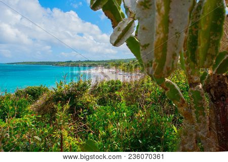 Playa Esmeralda, Holguin, Cuba. Beautiful Beach Bay Turquoise Sea Water And Cactus. Beautiful Scener