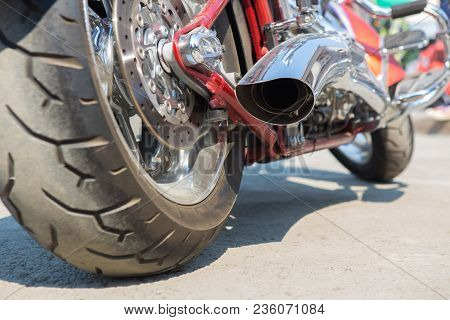 Powerful Big Motorcycle Exhaust Pipes  Closeup Photo