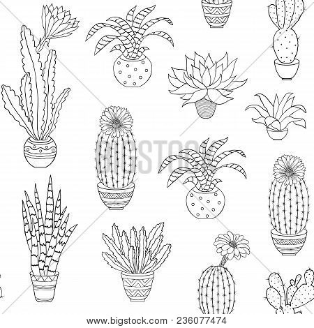 Seamless Pattern With Hand Drawn Houseplant On White Background.