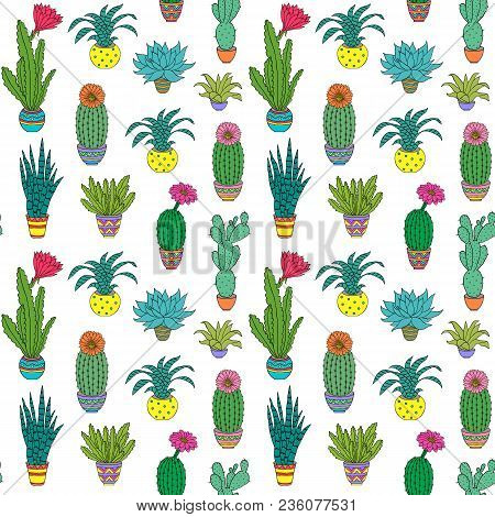 Seamless Pattern With Colorful Hand Drawn Houseplant On White Background.