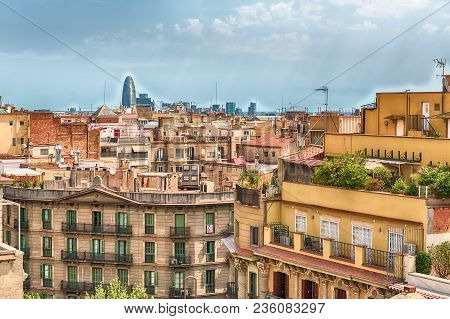 Aerial View Over The Rooftops Of The Eixample District In Barcelona, Catalonia, Spain