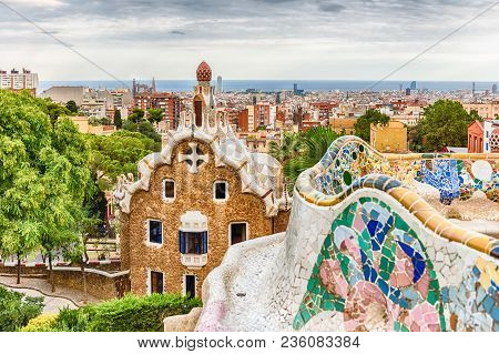 Scenic Aerial View From The Iconic Main Terrrace Of Park Guell In Barcelona, Catalonia, Spain