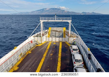 Kefalonia, Greece - September 30, 2017: Rear Side Of A Car Ferry. Cars Parked On Deck. Greece