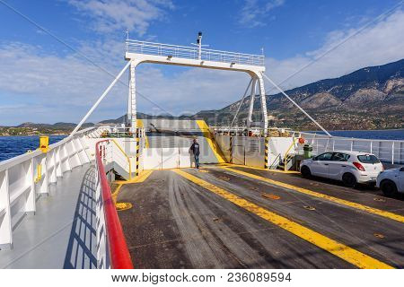 Cephalonia, Greece - September 30, 2017: Rear Side Of A Car Ferry. Cars Parked On Deck. Greece