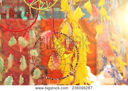 Bright Colored Dream Catchers From The Feather. Gift Souvenir India.
