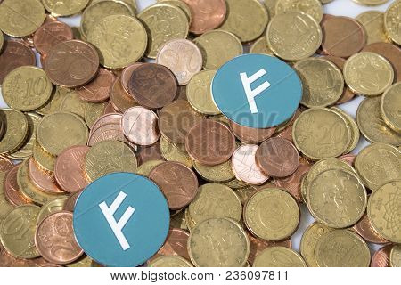 Cryptocurrency Euro Coins And Auroracoin In A Composition