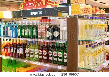 WARSAW, POLAND - CIRCA NOVEMBER, 2017: alcohol on display inside Aelia Duty Free store at Warsaw Chopin Airport.