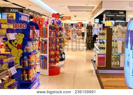 WARSAW, POLAND - CIRCA NOVEMBER, 2017: inside Aelia Duty Free store at Warsaw Chopin Airport.