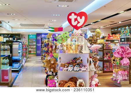 WARSAW, POLAND - CIRCA NOVEMBER, 2017: inside Aelia Duty Free store at Warsaw Chopin Airport.