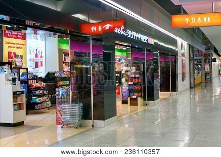 WARSAW, POLAND - CIRCA NOVEMBER, 2017: inside Aelia Duty Free store at Warsaw Chopin Airport.