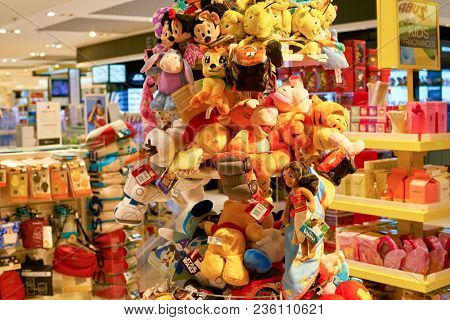 WARSAW, POLAND - CIRCA NOVEMBER, 2017: toys on display in Aelia Duty Free store at Warsaw Chopin Airport.