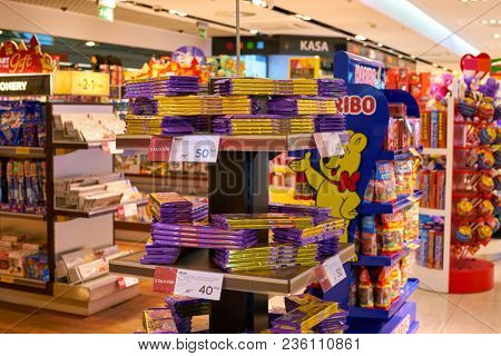 WARSAW, POLAND - CIRCA NOVEMBER, 2017: chocolate on display inside Aelia Duty Free store at Warsaw Chopin Airport.