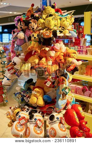 WARSAW, POLAND - CIRCA NOVEMBER, 2017: toys on display in Aelia Duty Free store at Warsaw Chopin Airport.