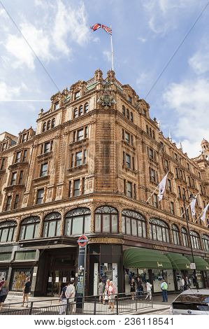 London, United Kingdom - June 23, 2017: Harrods , Luxury Department Store On Brompton Road. 7-storey