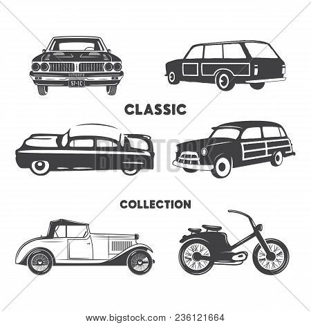 Classic Cars, Vintage Car Icons, Symbols Set.vintage Hand Drawn Cars, Muscle, Motorcycle Elements. U