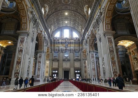 Vatican City, Vatican State -  April 10, 2018: People In The Central Nave Of Saint Peter Basilica, T