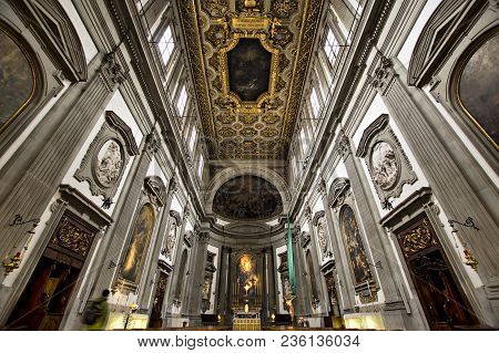 Florence, Italy -  November 7, 2017: Central Nave Church Interior In The Complesso Di San Firenze (c