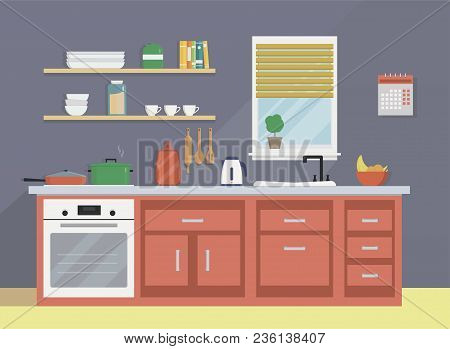 Modern Kitchen Interior With Appliances, Cooking Utensils, Sink, Kettle, Stove, Dishes And Furniture