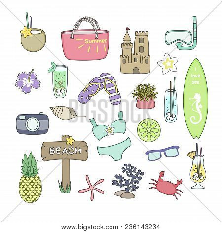 Set Of Cute Summer Icons. Perfect For Web, Card, Poster,sticker Kit. Vector Illustration.
