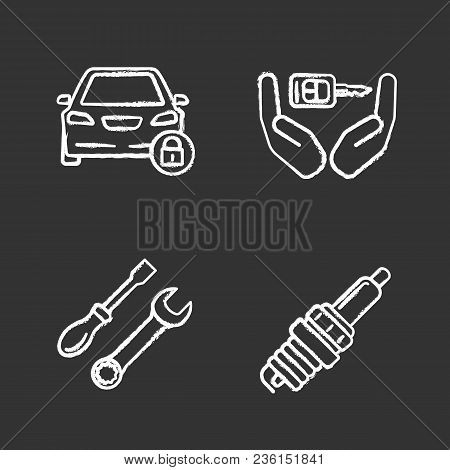 Auto Workshop Chalk Icons Set. Locked Car, Key In Hands, Screwdriver And Spanner, Spark Plug. Isolat
