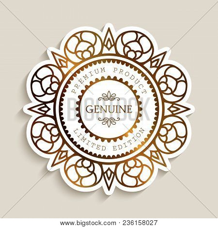 Premium Product Label With Gold Border, Ornamental Sticker, Cutout Paper Badge, Golden Round Frame W