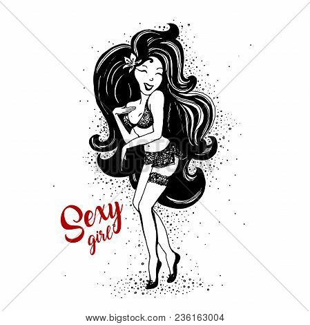 Sexy Girl In A Thong And Stocking. The White Background . Vector Illustration