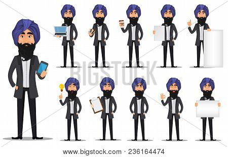 Indian Business Man Cartoon Character Set. Young Handsome Businessman In Business Suit And Turban - 