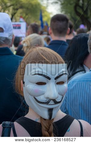 Budapest, Hungary - April 14, 2018: Political Protest Demonstration Against The Recently Elected Gov
