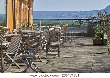 Popice, Czech Republic - 09 April, 2018: Open Terrace In Restaurant And Wine Shop With Wooden Furnit