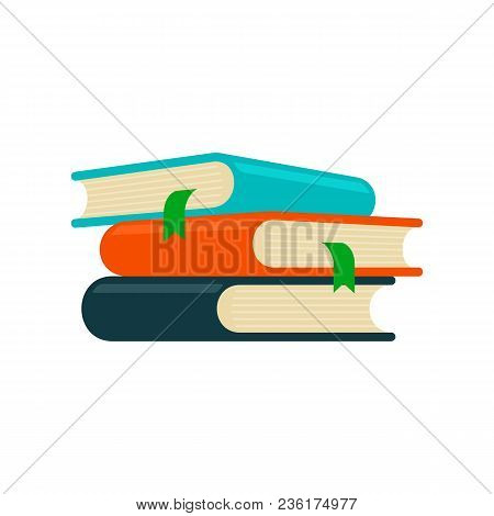 Books Pile With Bookmarks, Stacks Column Set. Colored Hardcover Textbooks Objects. School Or Univers