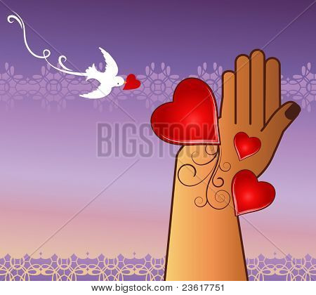 รักช่วยแนวคิดมือ - หัวใจ-เบิร์ด (2 รูปภาพป้ายในพื้นหลัง)