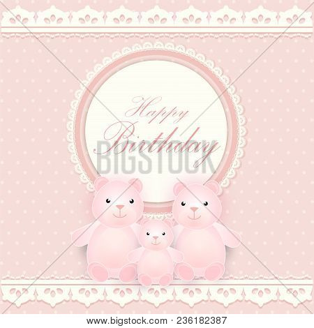 Round Retro Frame With Bear Family Greeting Card, Happy Birthday Card, Invitation Background