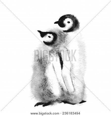 Cute Penguin Family. Wild Polar Animal Isolated On White Background. Winter Artic Character. Baby Wi