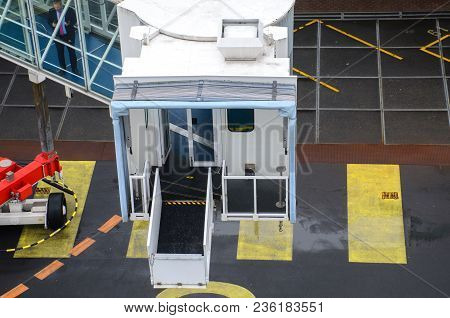 Amsterdam Netherlands- 1 April 2018:  Detail Of Large Covered Gangplank Being Putting Into Place On 