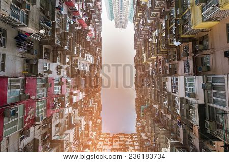 Crowded Residence Apartment Bottom View, Hong Kong Cityscape Downtown