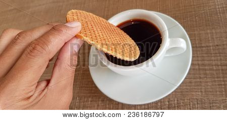 Stroopwafel A Famous Waffle From Dutch Dip Into The Black Coffee.
