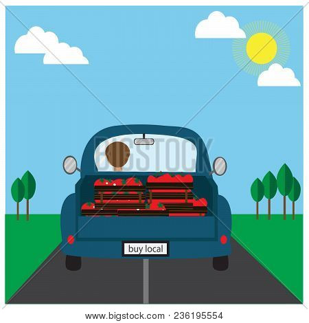 Fast Delivery Of Fresh Vegetables. Eco Food Delivery. Cartoon Car With Green Food In Front Of Cute V