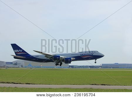Amsterdam The Netherlands - April, 7th 2018: Vq-bbh Silk Way West Airlines Boeing 747-8f Approaching