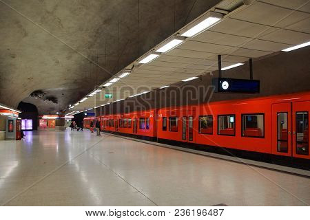 Finland, Helsinki - March 25, 2018: Fragment Of The Interior Of The Station Kamppi Metro In Helsinki