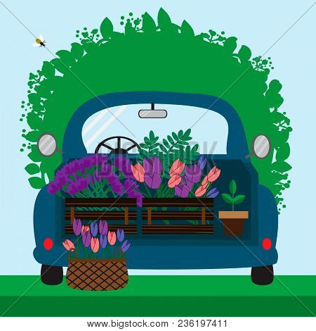 Blue Car With Different Flowers. Vector Illustration.