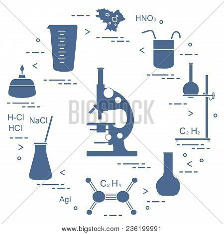 Chemistry Scientific, Education Elements: Microscope, Flasks, Tripod, Formulas, Beaker, Burner, Amoe