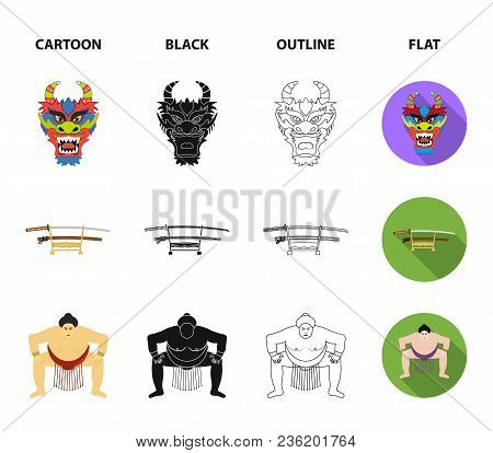 Dragon Mask, Katano, A Man Is A Sumo Player, A Fujiama Mountain.japan Set Collection Icons In Cartoo